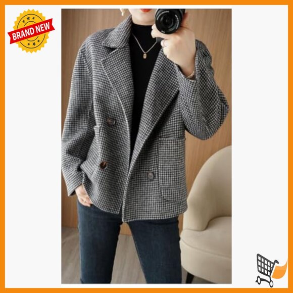 Cropped Wool Pea Coat Double Breasted Houndstooth Blazer Jacket - Picture 3 of 6